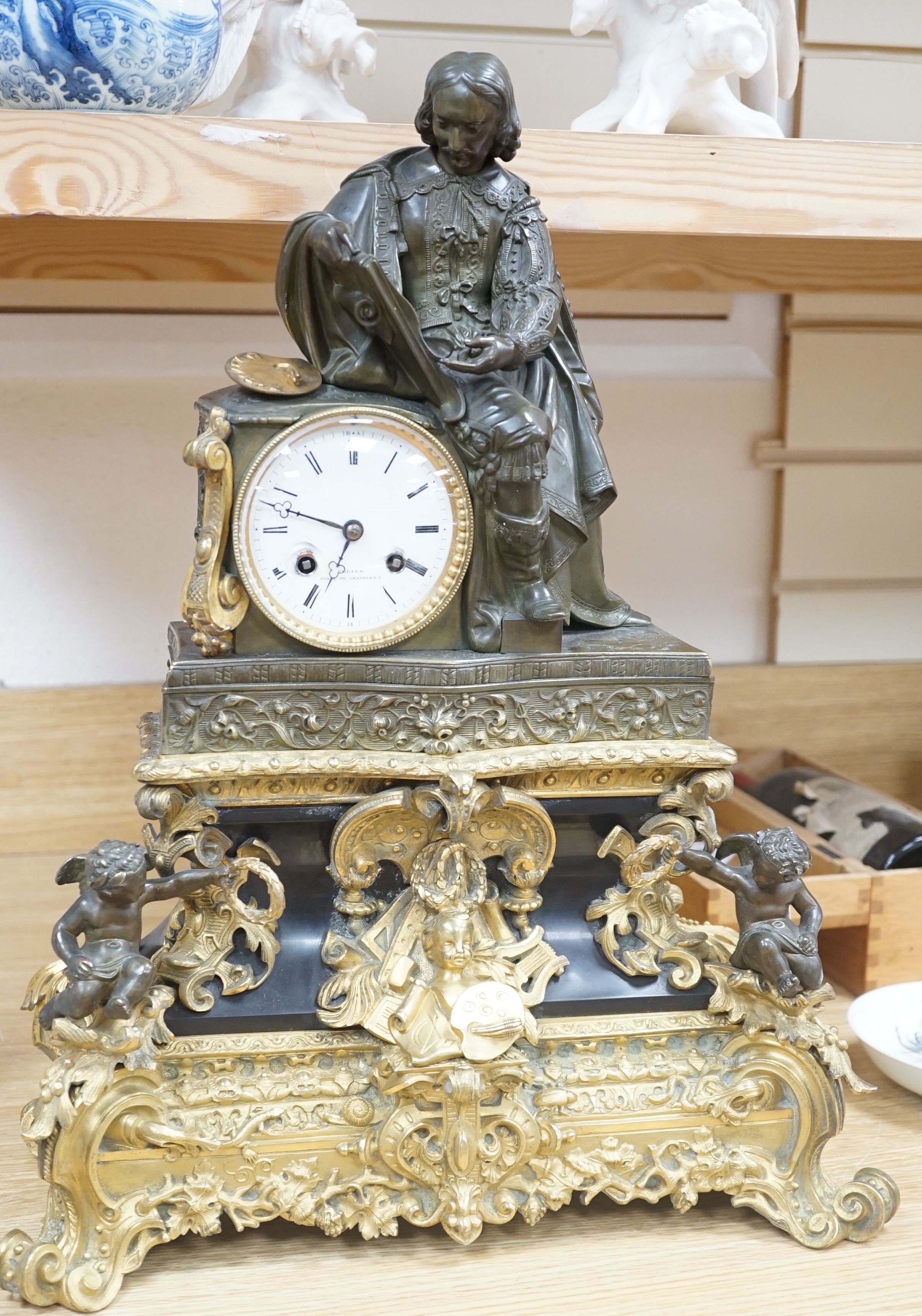 A French ormolu and bronze figural mantel clock, 50cm